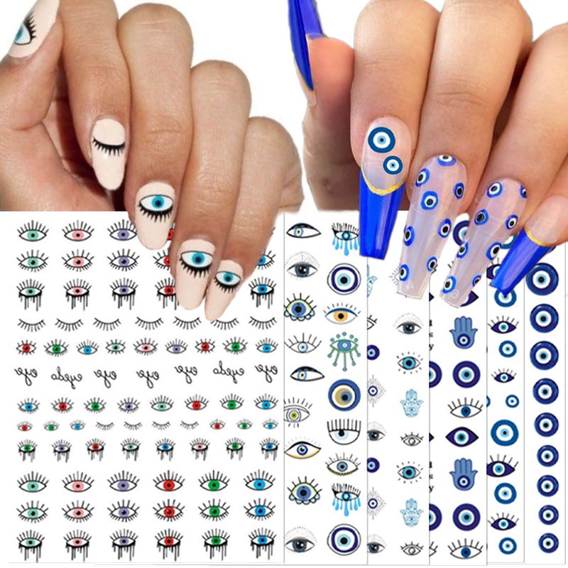 14 Sheets Evil Eye Nail Stickers 3D Turkish Blue Eye Design Nail Art Decals Self Adhesive Hamsa Hand of Fatima Manicure Decorations
