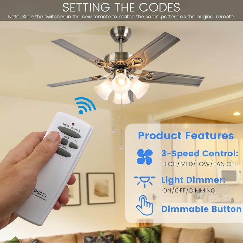 Eogifee Universal Ceiling Fan Remote Control and Receiver Kit with 3 Speed and Light Dimmer Control Replacement of Hampton Bay Hunter Harbor Breeze CHQ7078T UC7078T HD5 Fan-HD RR7079T Kits - Image 2