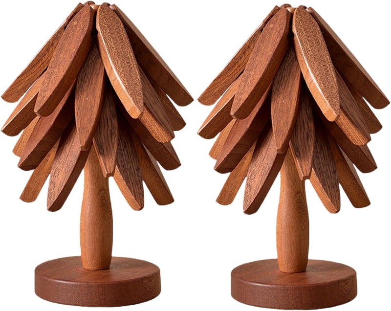 QIYLQE Natural Foldable Black Walnut Wooden Trivet Set - 4 Trivets + 1 Stand for Hot Dishes, Pot, Bowl, Teapot, Hot Pot Holders (Black Walnut 2PCS) - Image 1
