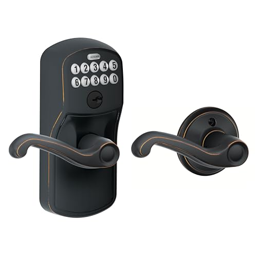 Schlage FE575 PLY 716 FLA Plymouth Keypad Lock with Flair Lever, Auto-Lock, Electronic Keyless Entry, Aged Bronze - Image 1