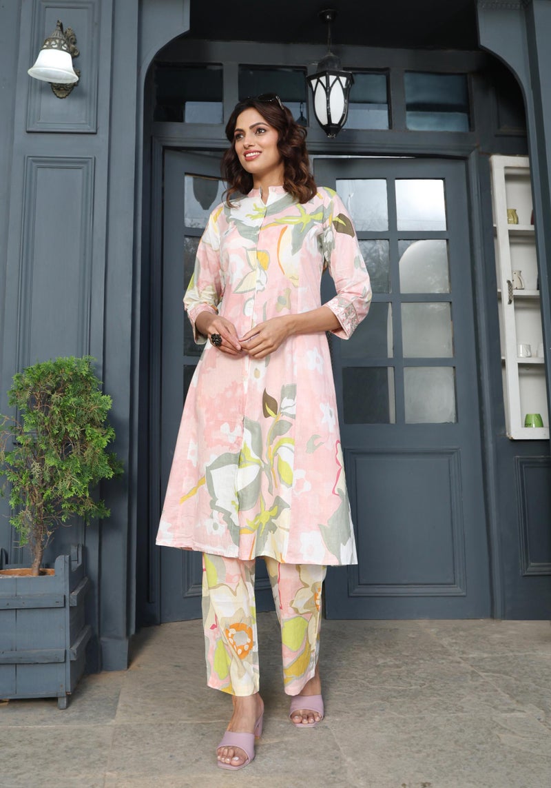 Label Flavia كُرتا قطنية نقية وردية مع بنطلون للنساء - Image 1