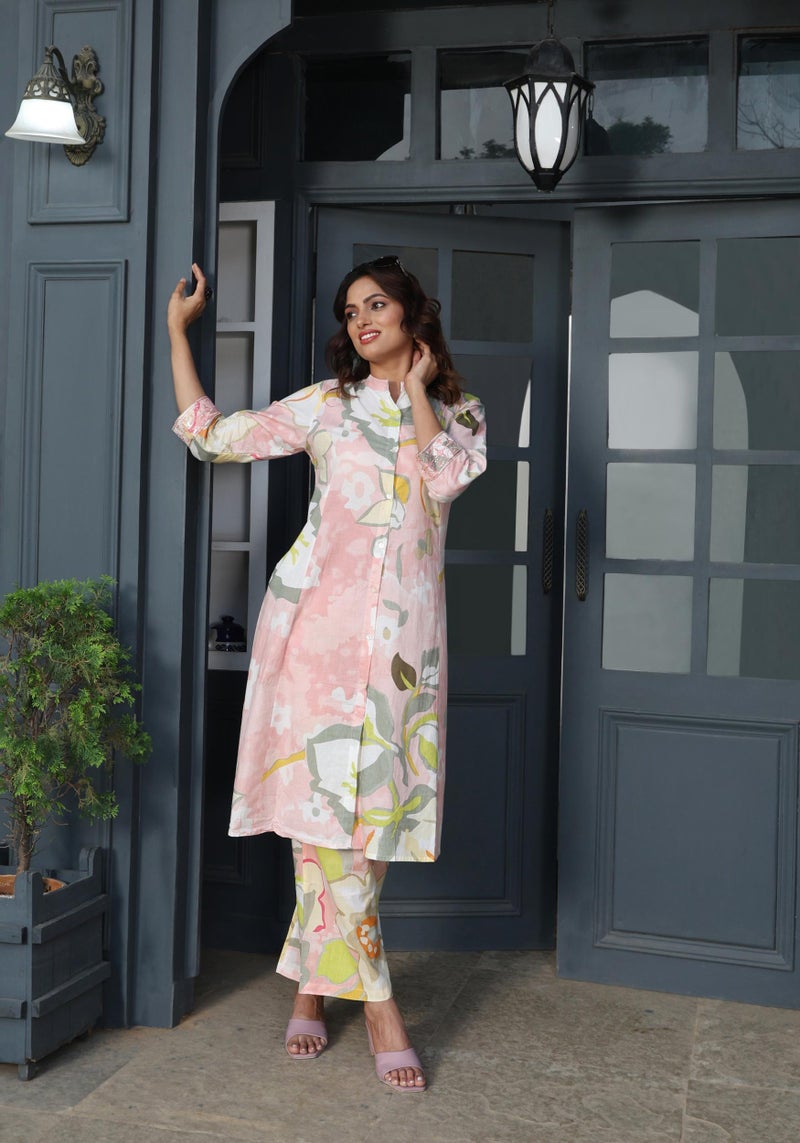 Label Flavia كُرتا قطنية نقية وردية مع بنطلون للنساء - Image 2