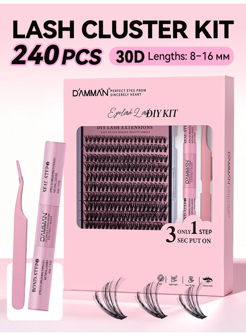 D'AMMA'N 240PCS 30D Cluster False Eyelashes, DIY Individual Lash Extension Kit, D Curl, Mixed Lengths 8-16mm, Ultra Volume Wispy Dramatic Look, Bond & Seal Glue, Tweezers & Applicator, Natural Soft Lightweight, Beginner Friendly, Easy to Apply at Home - Image 1