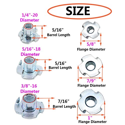 SpzcdZa T Nuts 1/4"-20 5/16"-18 3/8"-16, SpzcdZa 75Pcs T Nut Zinc Plated Steel T-Nuts 4 Pronged Tee Blind Nuts Assortment Kit for Wood, Rock Climbing Holds, Cabinetry, Furniture etc. - Image 2