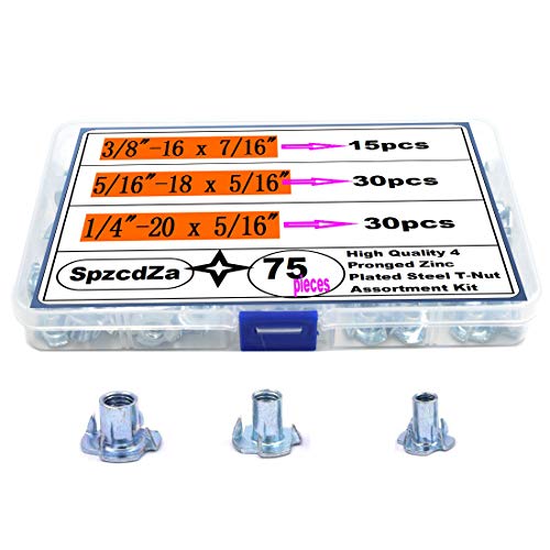 SpzcdZa T Nuts 1/4"-20 5/16"-18 3/8"-16, SpzcdZa 75Pcs T Nut Zinc Plated Steel T-Nuts 4 Pronged Tee Blind Nuts Assortment Kit for Wood, Rock Climbing Holds, Cabinetry, Furniture etc. - Image 1
