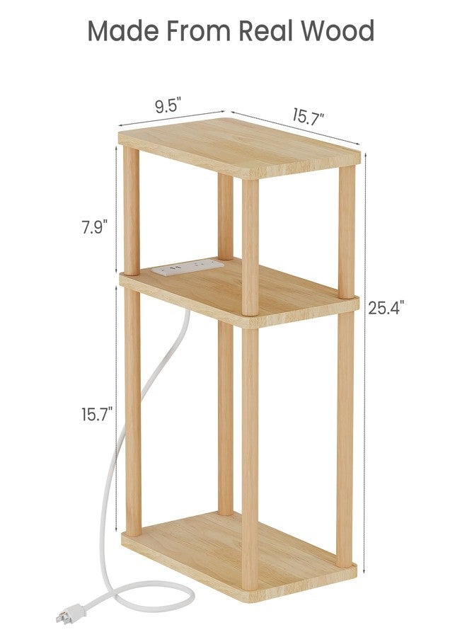 LUCKNOCK Solid Wood Side Table with Charging Station, 3-Tier Small End Table with USB Ports and Outlets, Narrow Couch Side Table, Skinny Nightstand Bedside Table for Small Spaces, Bedroom, Living Room - Image 2