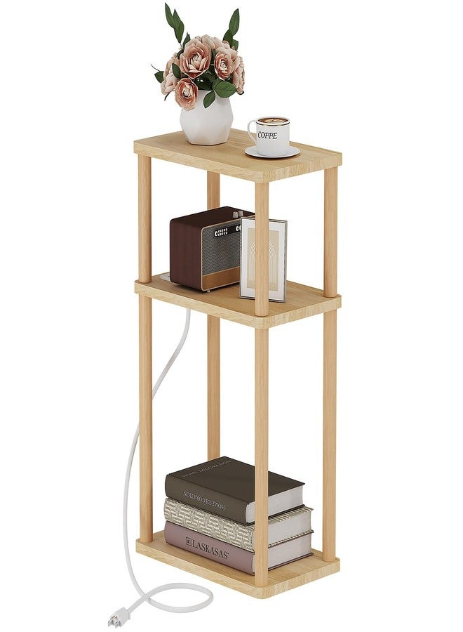 LUCKNOCK Solid Wood Side Table with Charging Station, 3-Tier Small End Table with USB Ports and Outlets, Narrow Couch Side Table, Skinny Nightstand Bedside Table for Small Spaces, Bedroom, Living Room - Image 1