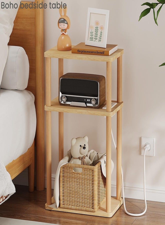 LUCKNOCK Solid Wood Side Table with Charging Station, 3-Tier Small End Table with USB Ports and Outlets, Narrow Couch Side Table, Skinny Nightstand Bedside Table for Small Spaces, Bedroom, Living Room - Image 4