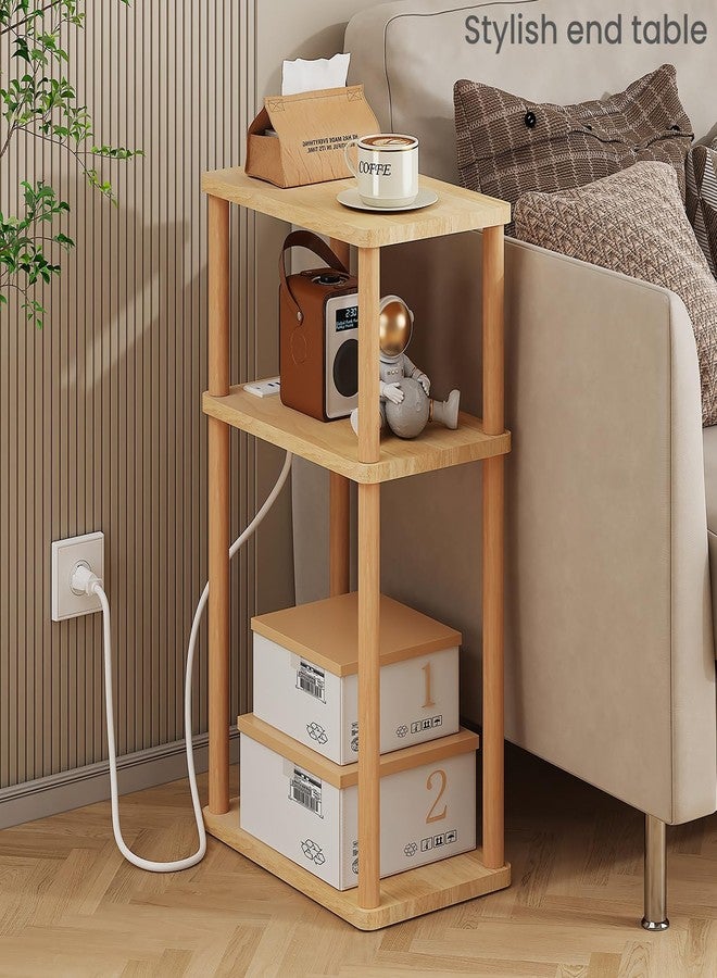 LUCKNOCK Solid Wood Side Table with Charging Station, 3-Tier Small End Table with USB Ports and Outlets, Narrow Couch Side Table, Skinny Nightstand Bedside Table for Small Spaces, Bedroom, Living Room - Image 3