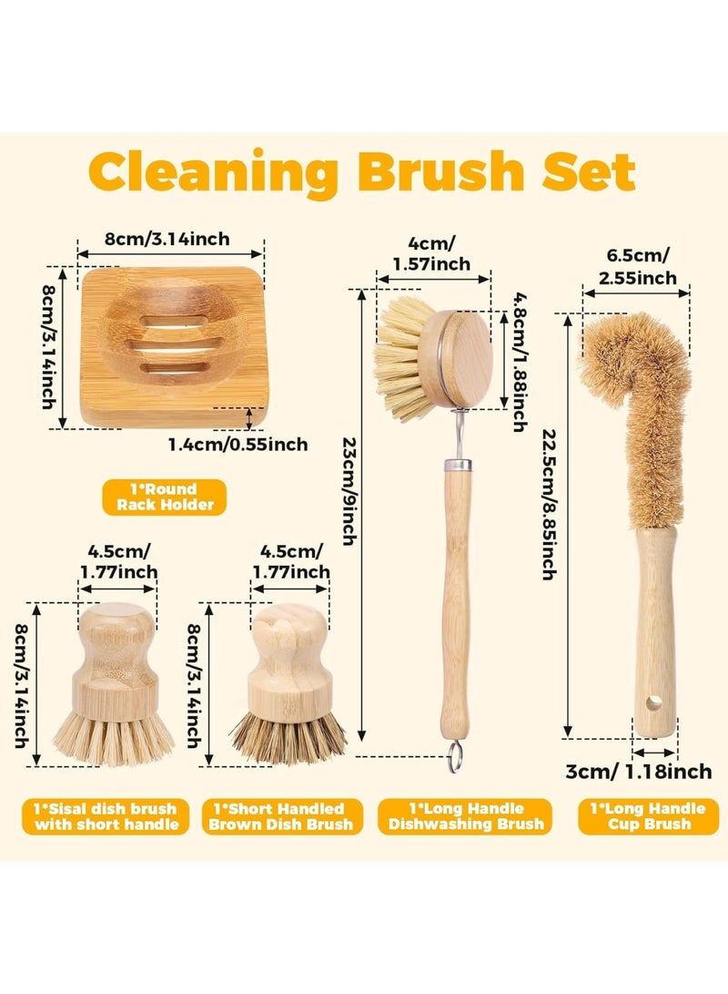 SYOSI Bamboo Dish Brush Set, 5 Pcs Ergonomic Kitchen Cleaning Brushes for Pots Pans Dishes, Durable Multifunctional Dish Washing Brushes for Home Kitchen Use - Image 2