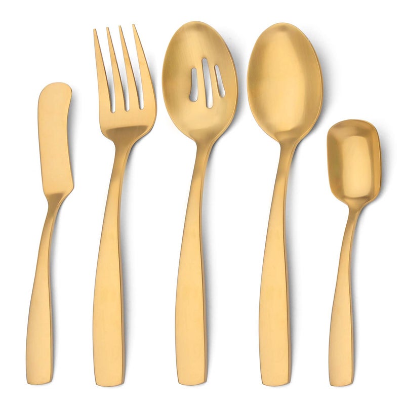 Bysta Serving Utensils Set  Matte Gold 5-Piece Hostess Set  Stainless Steel Silverware Flatware Cutlery Serving Set  Satin Finish  Dishwasher Safe - Image 1