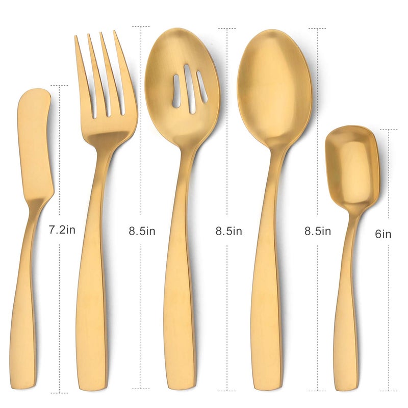 Bysta Serving Utensils Set  Matte Gold 5-Piece Hostess Set  Stainless Steel Silverware Flatware Cutlery Serving Set  Satin Finish  Dishwasher Safe - Image 2