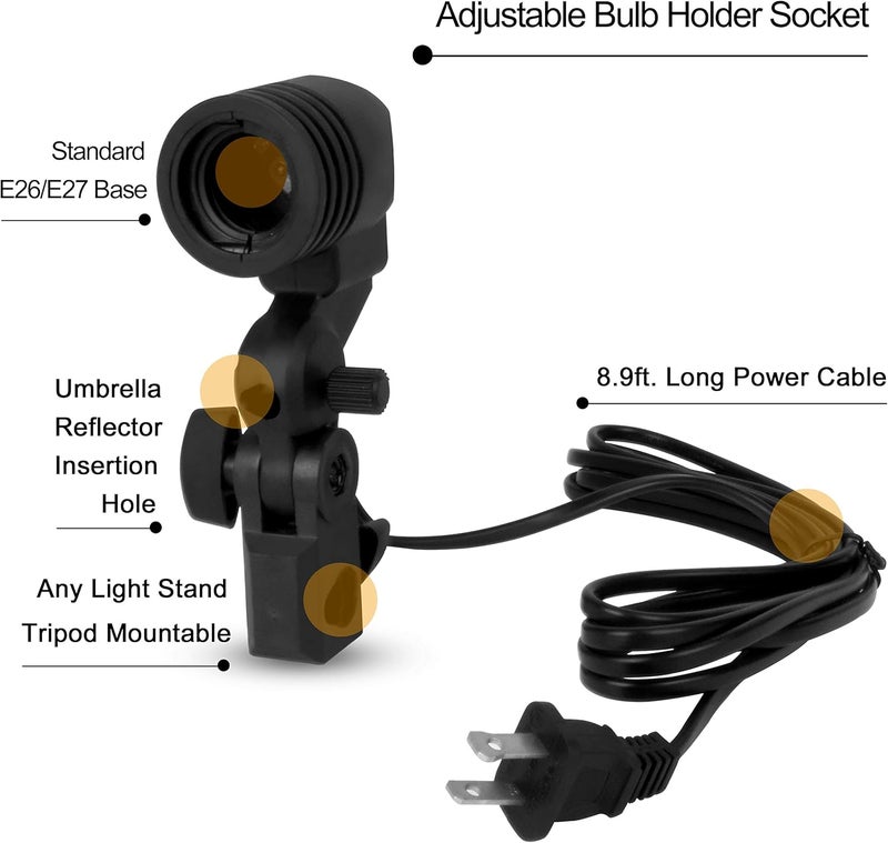 EMART Light Bulb Stand, E26 / E27 AC Socket with Umbrella Lamp Holder, Photography Lighting Mount for Photo Video Studio - 2 Pack - Image 2