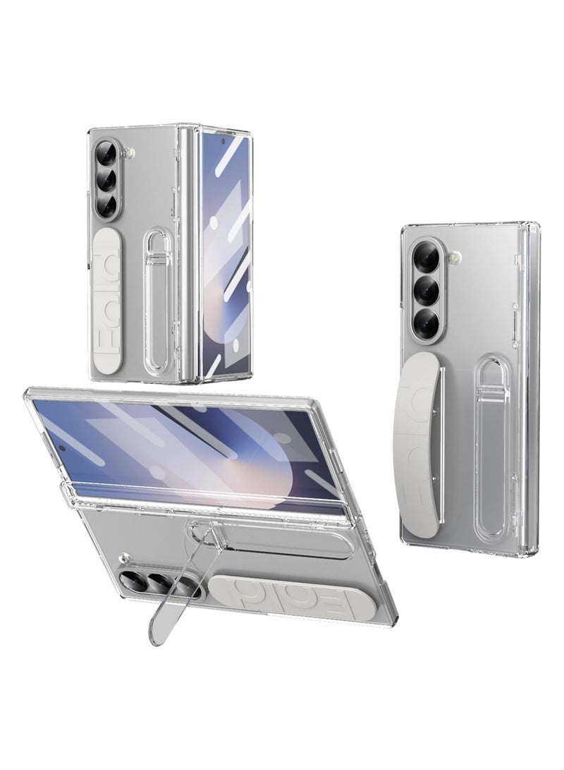 For Samsung Galaxy Z Fold 6 Protect Case with Wristband Stand, Bulit-in Hinge Protection, Screen & Lens Protection Shockproof Full Body Drop Fall Protection (Clear) - Image 1