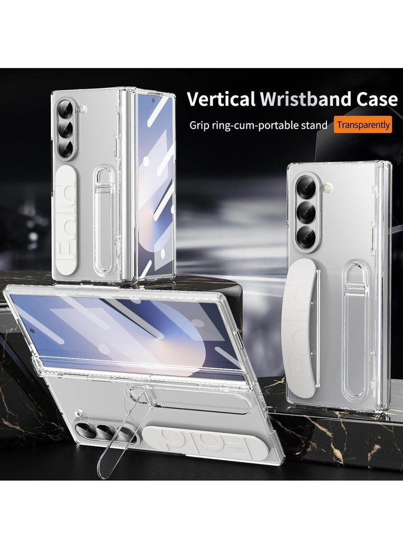 For Samsung Galaxy Z Fold 6 Protect Case with Wristband Stand, Bulit-in Hinge Protection, Screen & Lens Protection Shockproof Full Body Drop Fall Protection (Clear) - Image 2