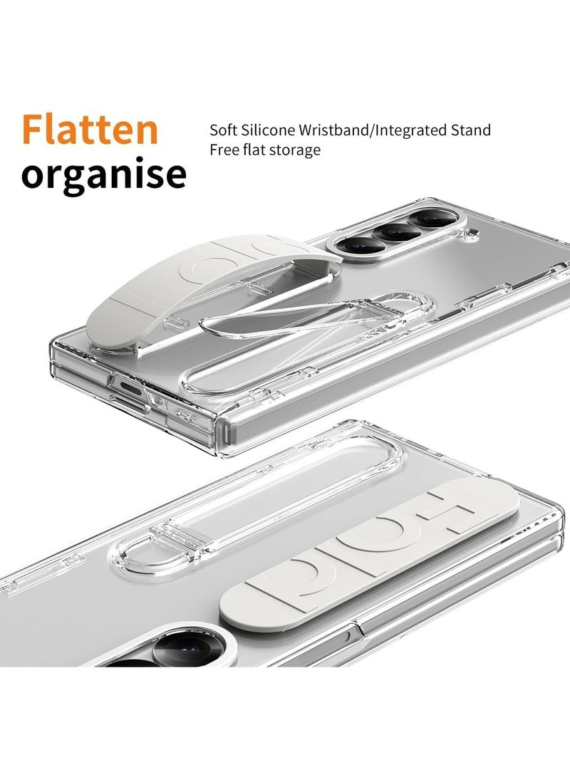For Samsung Galaxy Z Fold 6 Protect Case with Wristband Stand, Bulit-in Hinge Protection, Screen & Lens Protection Shockproof Full Body Drop Fall Protection (Clear) - Image 3