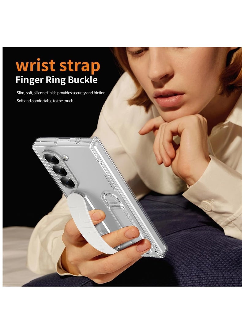 For Samsung Galaxy Z Fold 6 Protect Case with Wristband Stand, Bulit-in Hinge Protection, Screen & Lens Protection Shockproof Full Body Drop Fall Protection (Clear) - Image 4