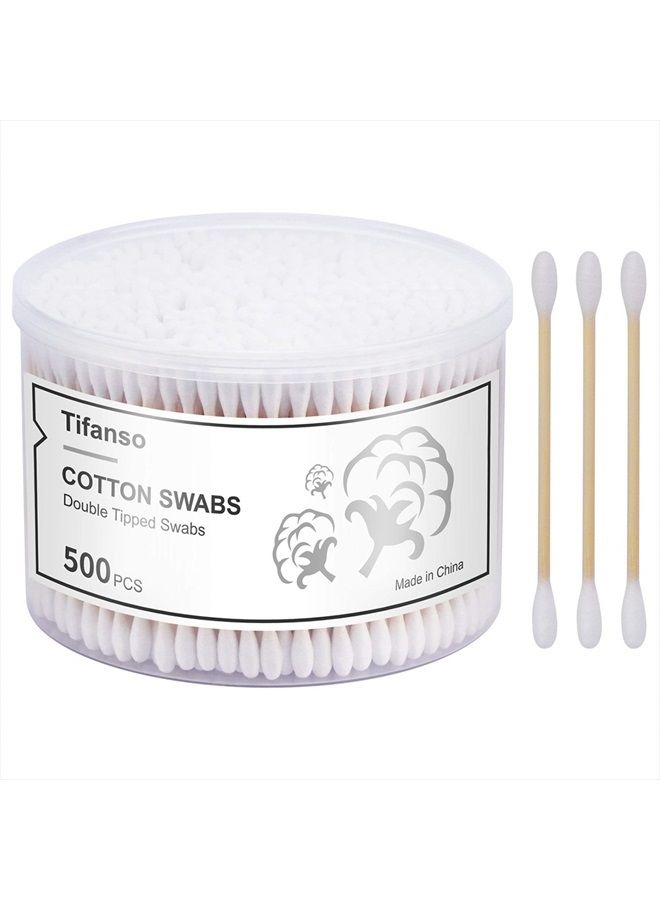 tifanso 500 قطعة من أعواد القطن، طرف قطن دائري مزدوج طبيعي مع عصي خشبية قوية للأذنين، أعواد أذن خالية من القسوة، أعواد قطن خشبية مع صندوق تخزين - Image 1