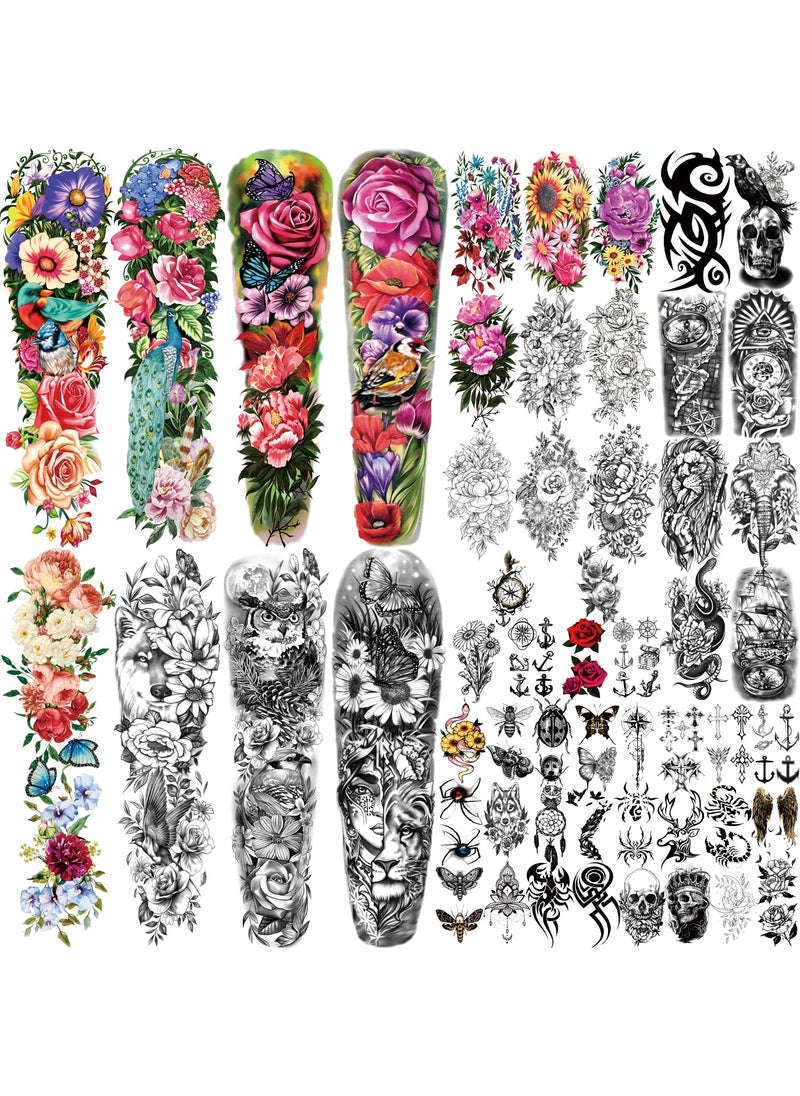 atydkug 55 Sheets Temporary Tattoo for Men and Women, 8 Full Arm Fake Tattoos, 17 Half Arm Fake Skull Flower Tattoos, 30 Tiny for Adults Kids Body Shoulder Tattoos Stickers Waterproof Realistic Long-Lasting 