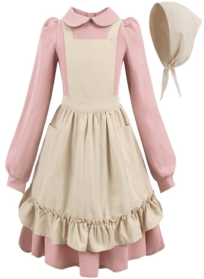 FCCAM FCCAM FCCAM Prairie Colonial Costume Girls Long Sleeves Pioneer Dresses for Girls American Pilgrim Costume M Age Over 4 Years Old Pink - Image 1