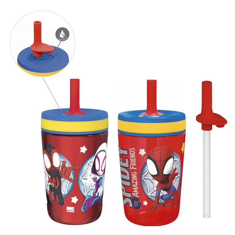 زاك ديزاينز Spidey and His Amazing Friends Kelso Tumbler Set, Leak-Proof Screw-On Lid with Straw, Bundle for Kids Includes Plastic and Stainless Steel Cups with Bonus Sipper, 3pc Set, Non-BPA - Image 1