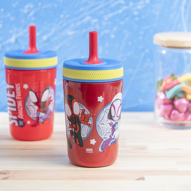زاك ديزاينز Spidey and His Amazing Friends Kelso Tumbler Set, Leak-Proof Screw-On Lid with Straw, Bundle for Kids Includes Plastic and Stainless Steel Cups with Bonus Sipper, 3pc Set, Non-BPA - Image 3