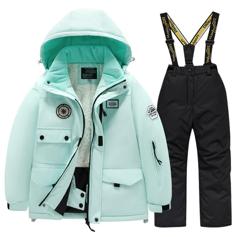 HOTIAN Boys Winter Kids 2 Piece Ski Suit Thicken Warm Hooded Jacket and Ski Pants Snowsuit Snowboarding Clothesmintblack12 - Image 1