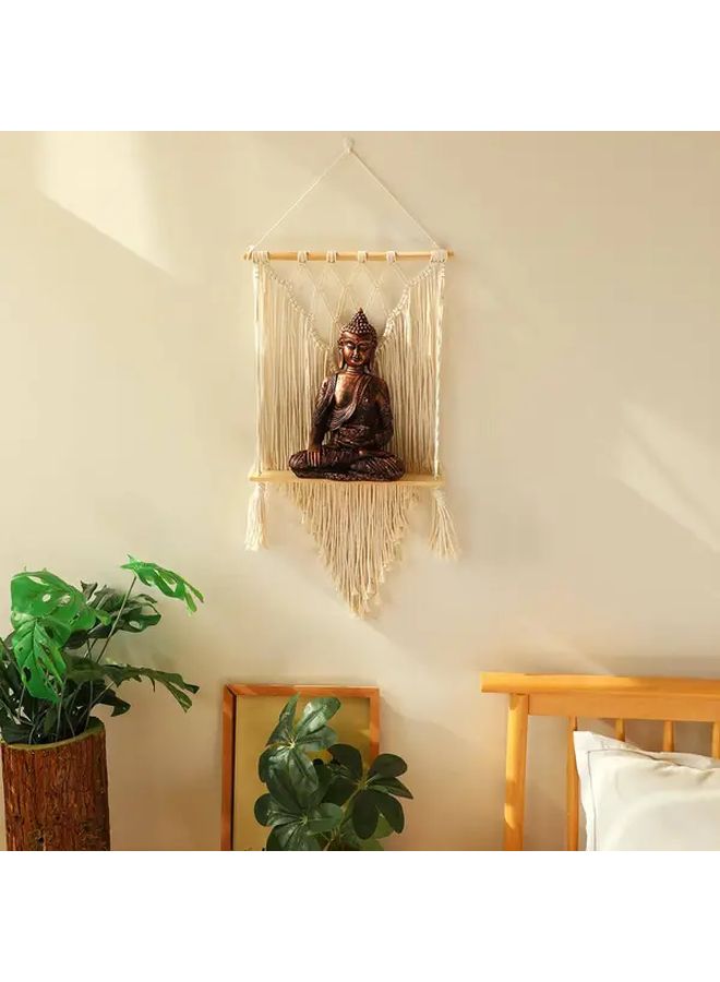 Model A Bohemian Macrame Floating Shelf Handmade Beige Woven Wall Hanging Storage - Image 2