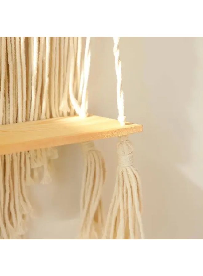 Model A Bohemian Macrame Floating Shelf Handmade Beige Woven Wall Hanging Storage - Image 5