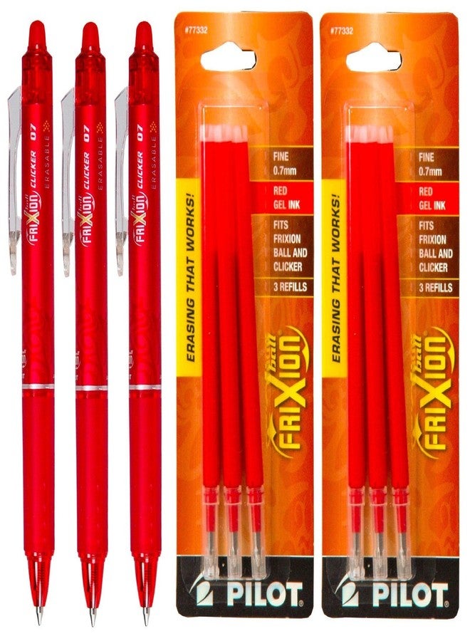 Frixion Clicker Pilot Frixion Clicker Retractable Erasable Red Gel Ink Pens, 3 Pens 6 Refills - Image 1