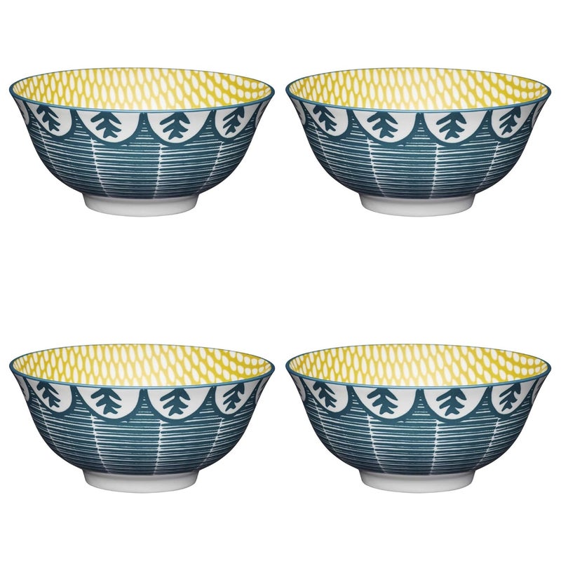 KitchenCraft Set of 4 Glazed Stoneware Bowls for thinKitchen Mediterranean Leaf Pattern Ceramic Bowls with Footed Base Microwave Dishwasher Safe 157 cm - Image 1