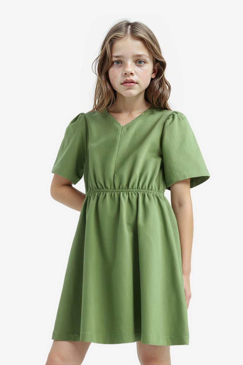 DeFacto Green Girl Girl Standard Fit V Neck Gabardine Short Sleeve Dress Casual - Image 3