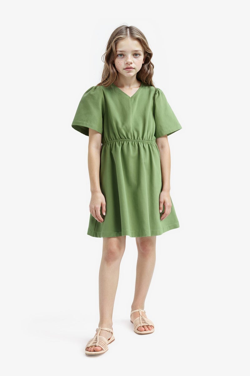 DeFacto Green Girl Girl Standard Fit V Neck Gabardine Short Sleeve Dress Casual - Image 1