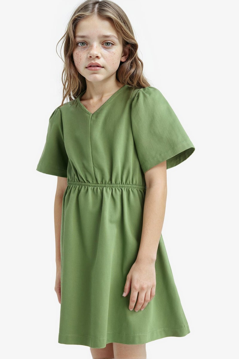 DeFacto Green Girl Girl Standard Fit V Neck Gabardine Short Sleeve Dress Casual - Image 4
