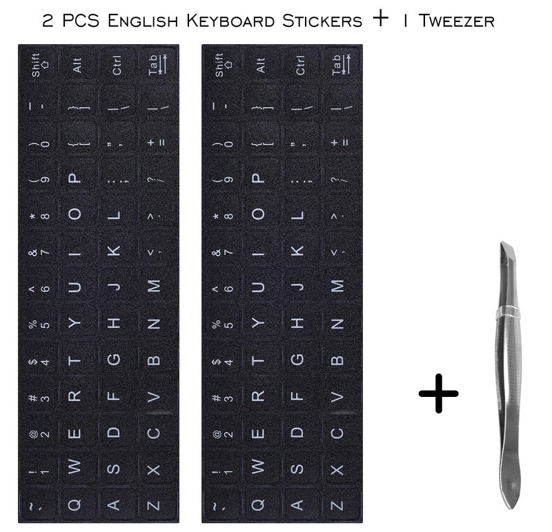 DAMMOMKO 2PCS Universal English Keyboard Stickers with Tweezer, Keyboard Stickers Black Background with White Lettering, Keyboard Letters Replacement Stickers for PC Laptop Desktop Computer Keyboard-English - Image 2