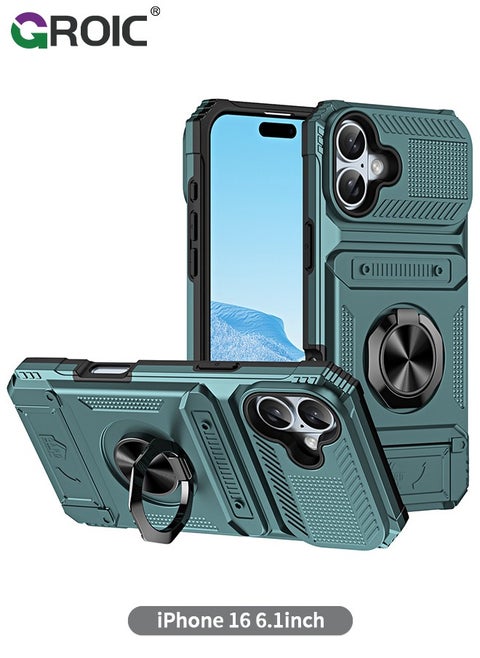 iPhone 16 Case, iPhone 16 Kickstand Case with Card Slot,Rotated Ring Kickstand Shockproof Protective Cover,iPhone 16 Phone Shell 6.1''