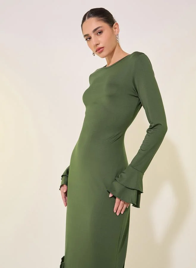 Take Two Solid Ruffle Detail Round Neck Maxi Dress
