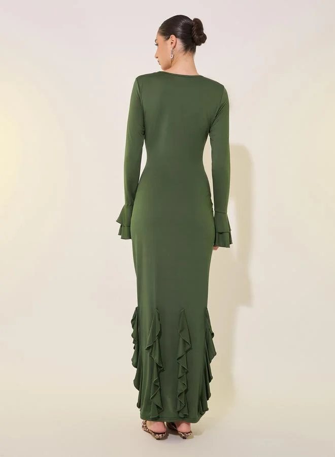 Take Two Solid Ruffle Detail Round Neck Maxi Dress