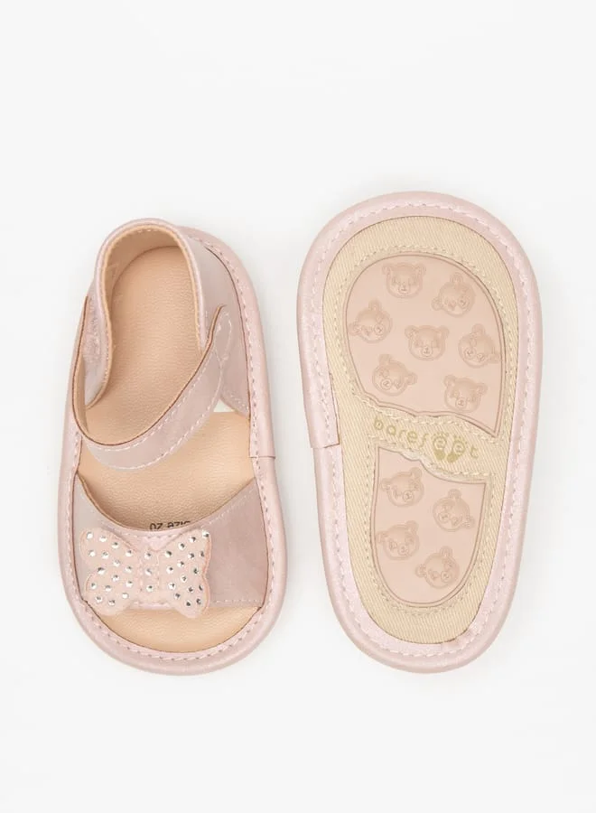 Barefeet Bow Applique Open Toe Booties with Hook and Loop Closure
