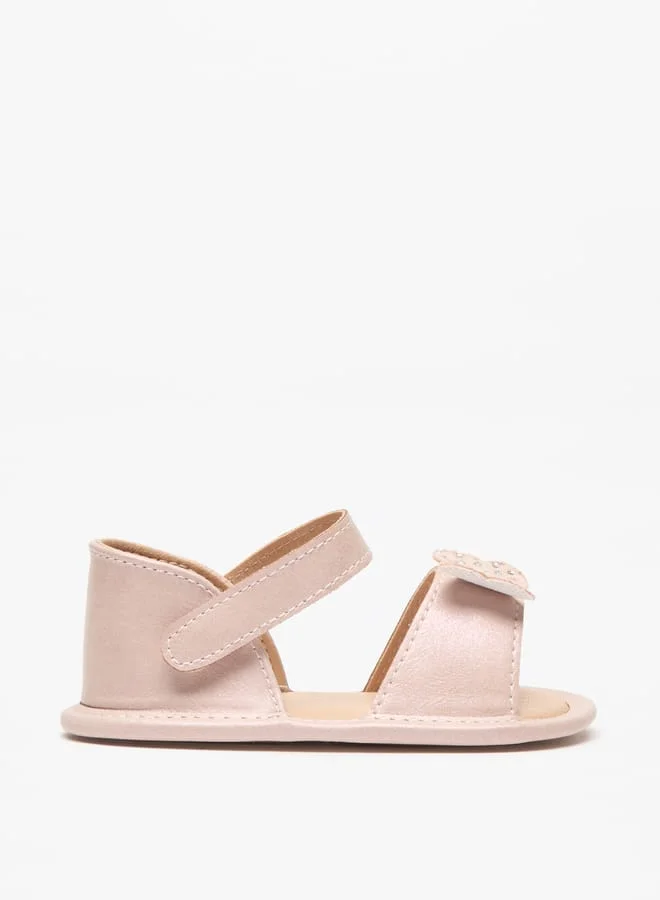 Barefeet Bow Applique Open Toe Booties with Hook and Loop Closure