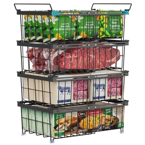 iSPECLE 4 Pack Freezer Organizer Bins Adjustable Wire Baskets for 10 to 20 CuFt Chest Freezer Stackable Storage with Handles Deep Freeze Organizer for Meat Vegetables Black