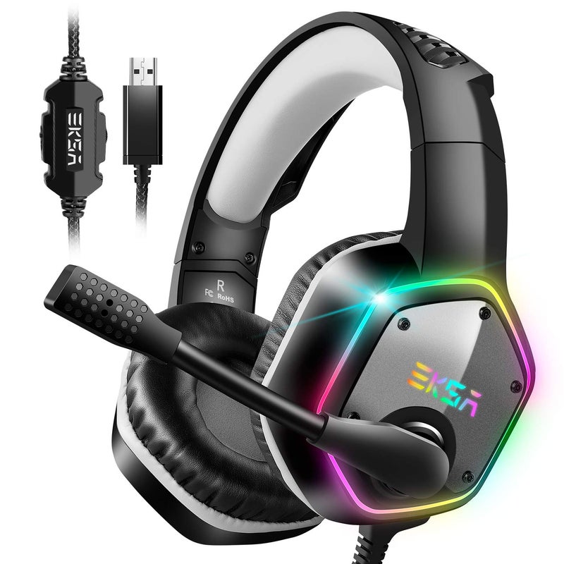 EKSA E1000 USB Gaming Headset for PC, Computer Headphones with Microphone/Mic Noise Cancelling, 7.1 Surround Sound, RGB Light - Wired Headphones for PS4, PS5 Console, Laptop, Call Center - Image 1