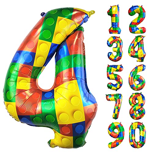 CHANGZHONG 32 Inch Building Block Number 4 Balloons Large Big Helium Foil Mylar Balloon for Girls Boys Birthday Party Decoration Supplies - Image 1
