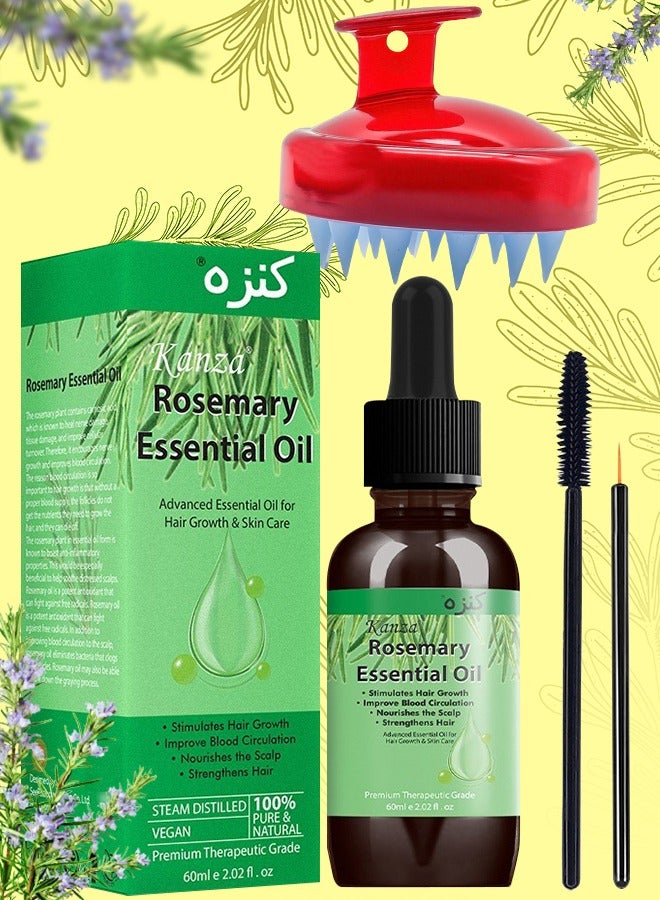 Kanza 60ml Rosemary Essential Oil with Hair Scalp Massager Brush Hair Growth Serum Scalp and Hair Strengthening Oil Hair Growth and Treatment Pure Organic Rosemary Oil for Hair Growth Scalp Oil - Image 1