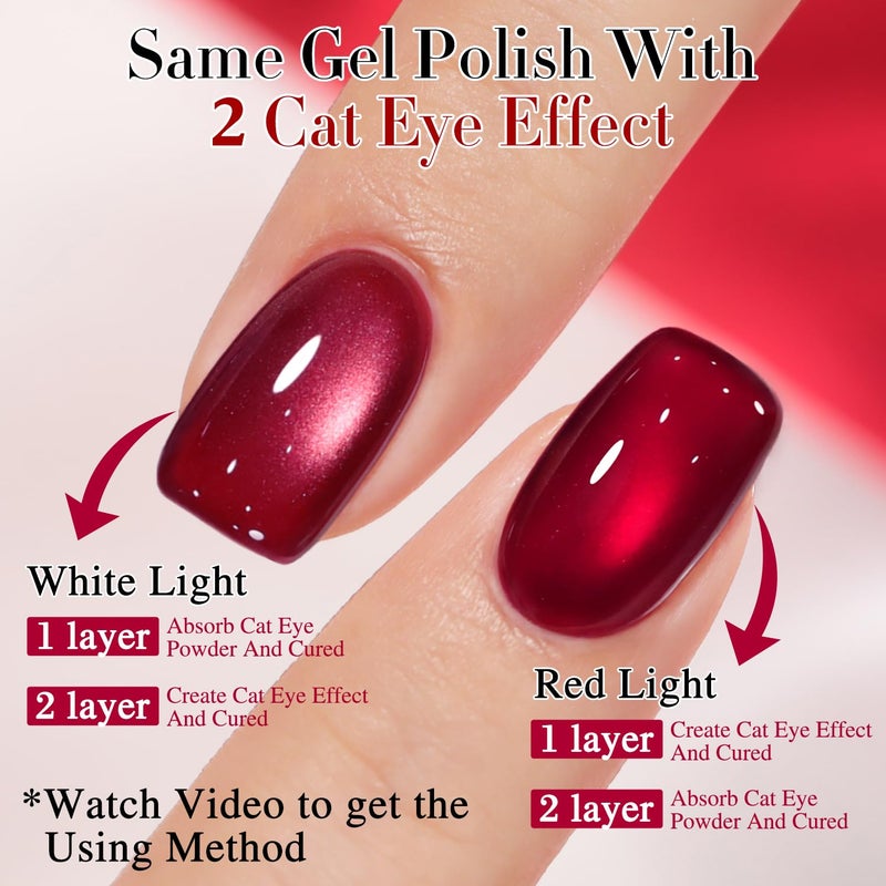 Double Rhythm Jelly Glass Cat Eye Gel Polish with Magnet 15ML Holographic Glitter Shimmer Translucent Sheer Color Magnetic Nail Polish Salon DIY at Home (Red-MC1116) - Image 3
