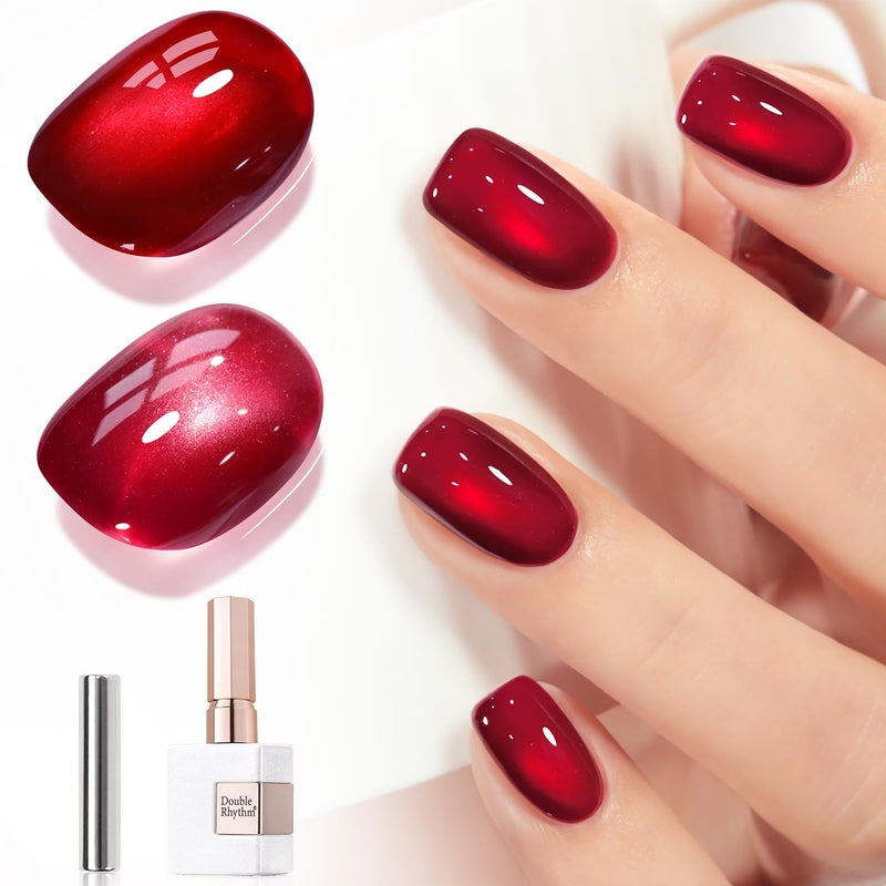Double Rhythm Jelly Glass Cat Eye Gel Polish with Magnet 15ML Holographic Glitter Shimmer Translucent Sheer Color Magnetic Nail Polish Salon DIY at Home (Red-MC1116) - Image 1