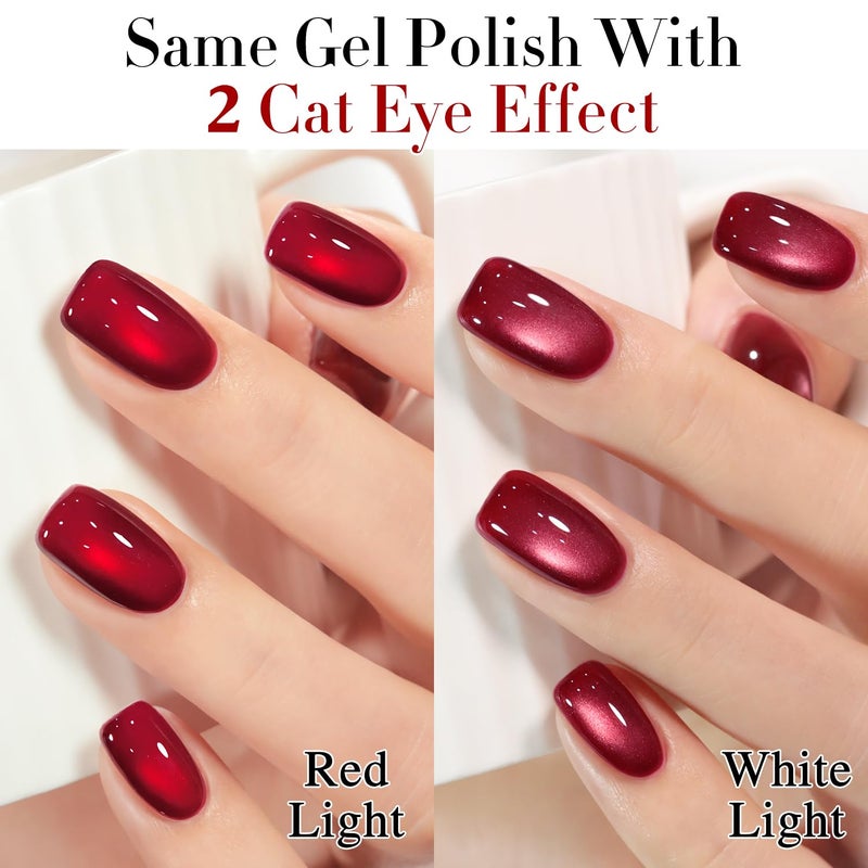 Double Rhythm Jelly Glass Cat Eye Gel Polish with Magnet 15ML Holographic Glitter Shimmer Translucent Sheer Color Magnetic Nail Polish Salon DIY at Home (Red-MC1116) - Image 2