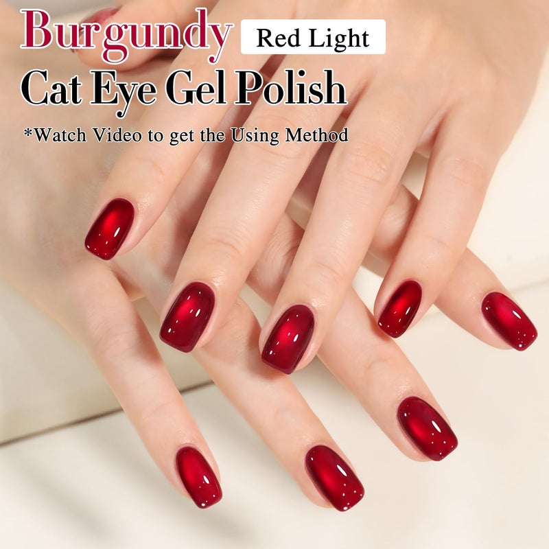 Double Rhythm Jelly Glass Cat Eye Gel Polish with Magnet 15ML Holographic Glitter Shimmer Translucent Sheer Color Magnetic Nail Polish Salon DIY at Home (Red-MC1116) - Image 4