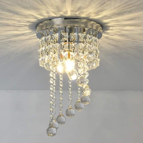 WOKE 8inch Round Small Crystal Chandelier, Modern S-Shaped Raindrop Flush Mount Light Fixture, E-27 Chrome Beaded Decoration Chandelier for Bedroom, Hallway, Living Room, Kitchen, Dining Room - Image 1