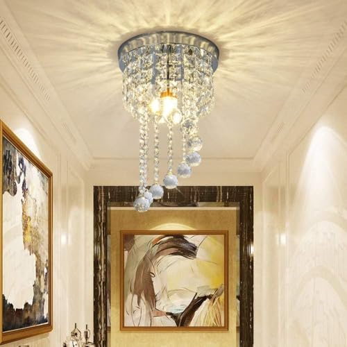 WOKE 8inch Round Small Crystal Chandelier, Modern S-Shaped Raindrop Flush Mount Light Fixture, E-27 Chrome Beaded Decoration Chandelier for Bedroom, Hallway, Living Room, Kitchen, Dining Room - Image 2